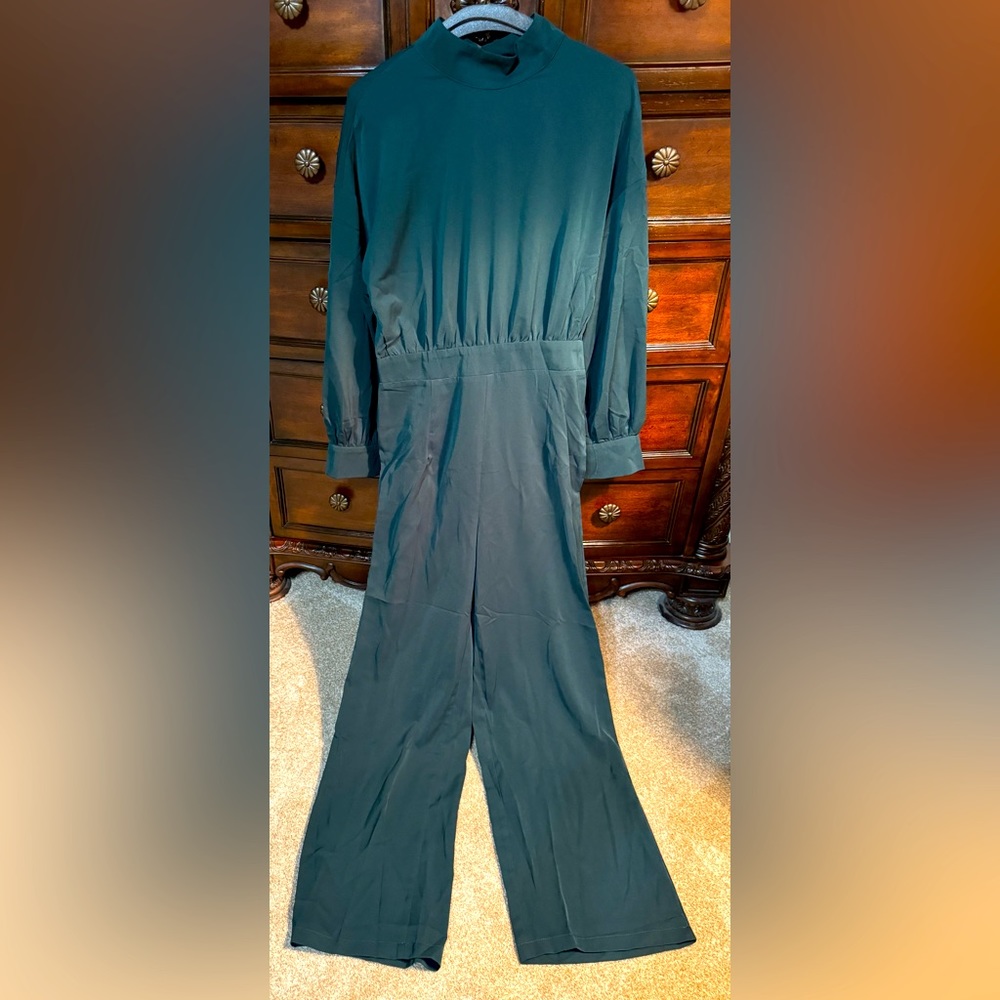 Emerald Jumpsuit. Never worn. Wide-leg pleated open back to waist. Mock neck.
